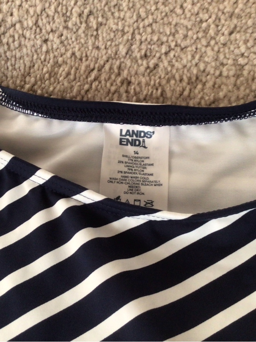 LANDS’ END TANKINI TOP- NAVY AND WHITE MIXED DIAGONAL STRIPE- SIZE 14 - Picture 3 of 7